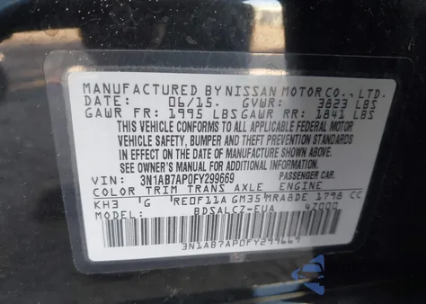 2015 Nissan Sentra S from USA, damaged, VIN 3N1AB7AP0FY299669